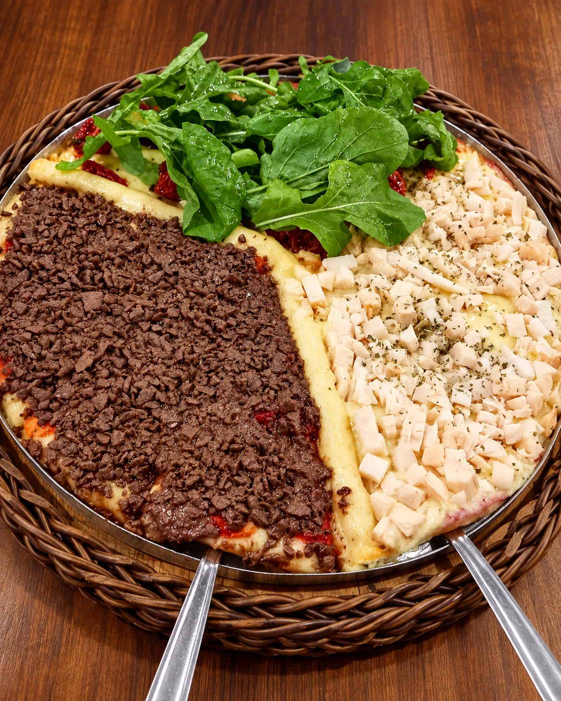 Pizza especial com chocolate, rúcula, tomate seco e frango, saindo do forno