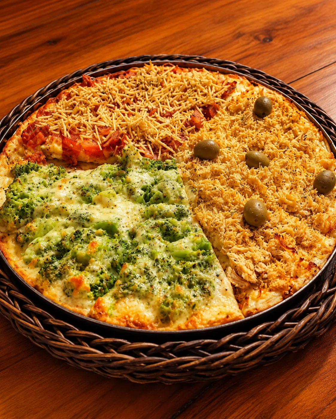 Pizza quatro sabores com brócolis, bacon, catupiry e azeitona, servida em travessa de fibra